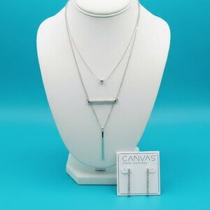 NEW Canvas Style White Gold Silver Tone Layered Necklace Bar Pendant Set Womens